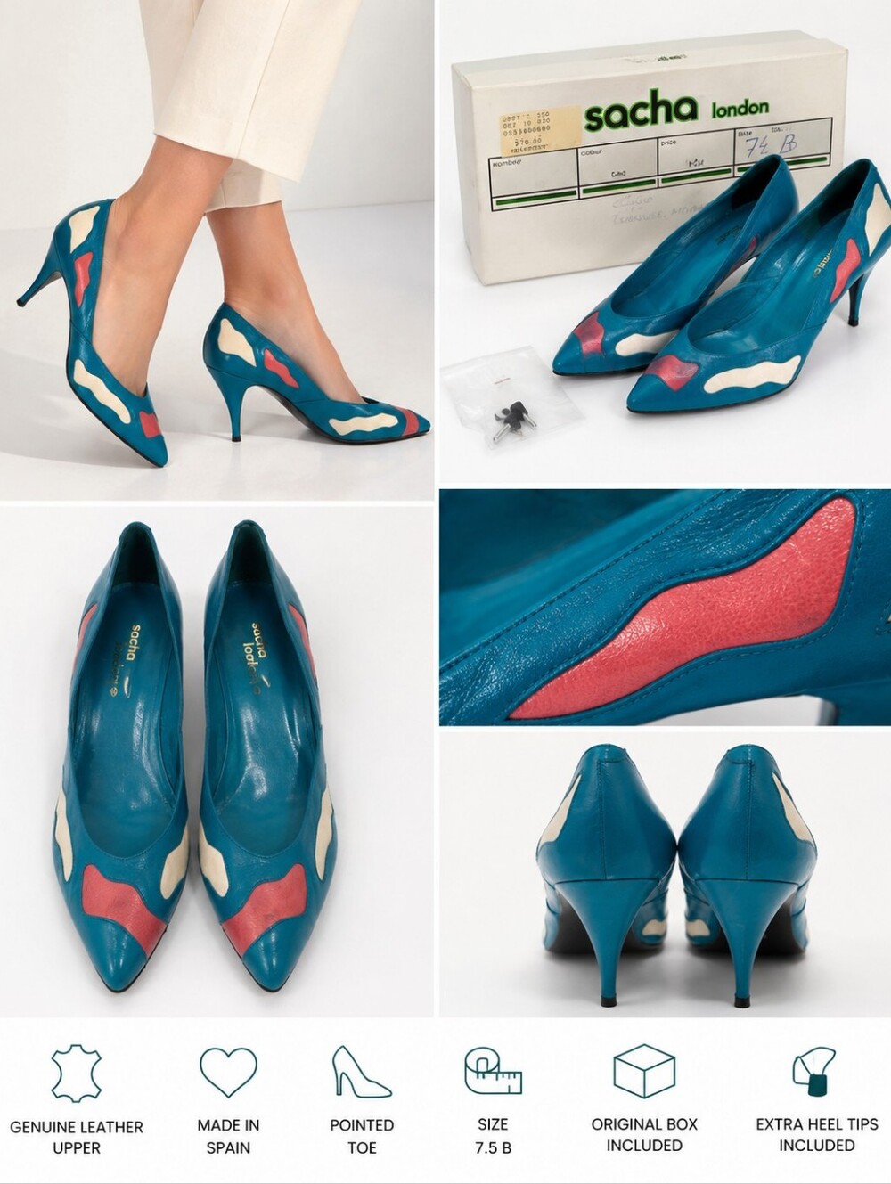 Vintage Sacha London Colorblock Leather Pumps Made in Spain Size 7.5 Pointed Toe